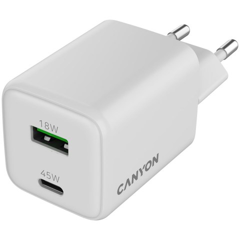 CANYON Ładowarka sieciowa CU45AC GaN 45W 1xPD 1xQC EU Biała