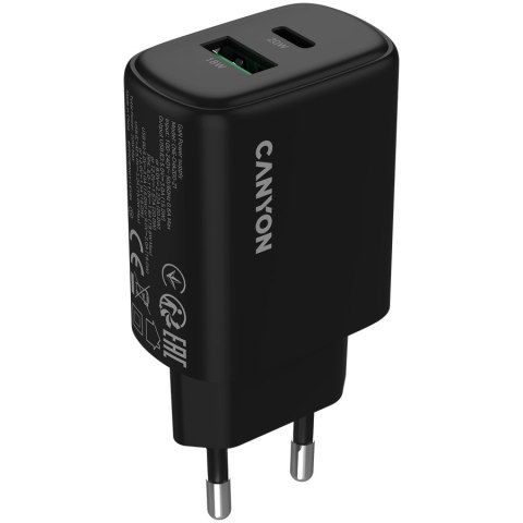 CANYON Ładowarka sieciowa OnCharge 200 20W 1xPD 1xQC EU Czarna