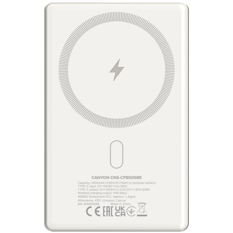 CANYON Powerbank OnPower 505 slim Magsafe 5000 mAh PD20W Beżowy