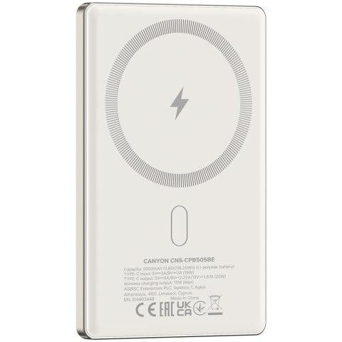 CANYON Powerbank OnPower 505 slim Magsafe 5000 mAh PD20W Beżowy