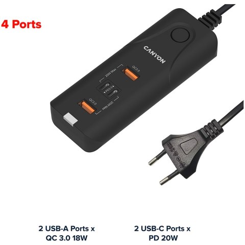 CANYON Ładowarka sieciowa H-10 PD20W QC3.0 2×USB-A 2×USB-C Czarna