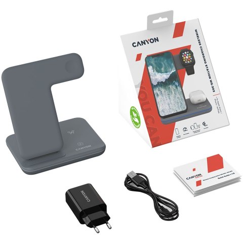 CANYON Ładowarka bezprzewodowa WS-303 15W 3w1 Szara