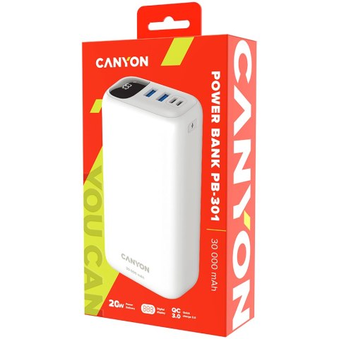 CANYON Powerbank PB-301 LED 30000 mAh PD 20W QC 3.0 Biały