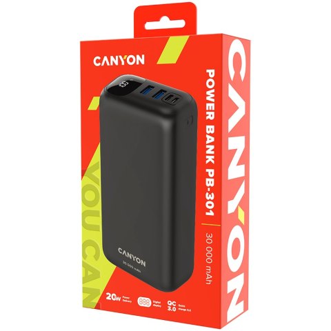 CANYON Powerbank PB-301 LED 30000 mAh PD 20W QC 3.0 Czarny